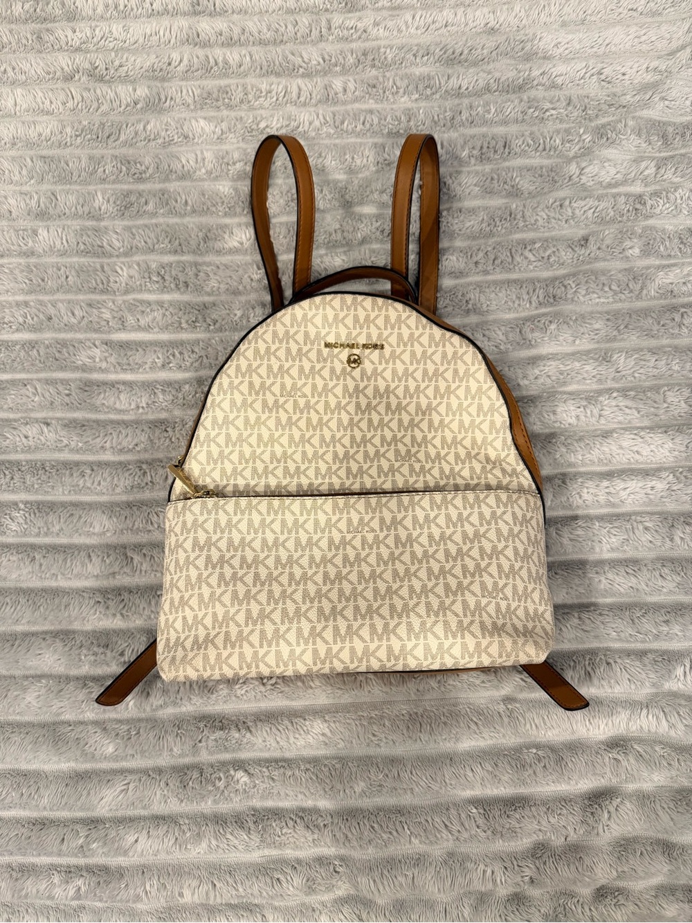Michael Kors Cream Logo Mini Backpack with Brown Trim and Gold Hardware like New